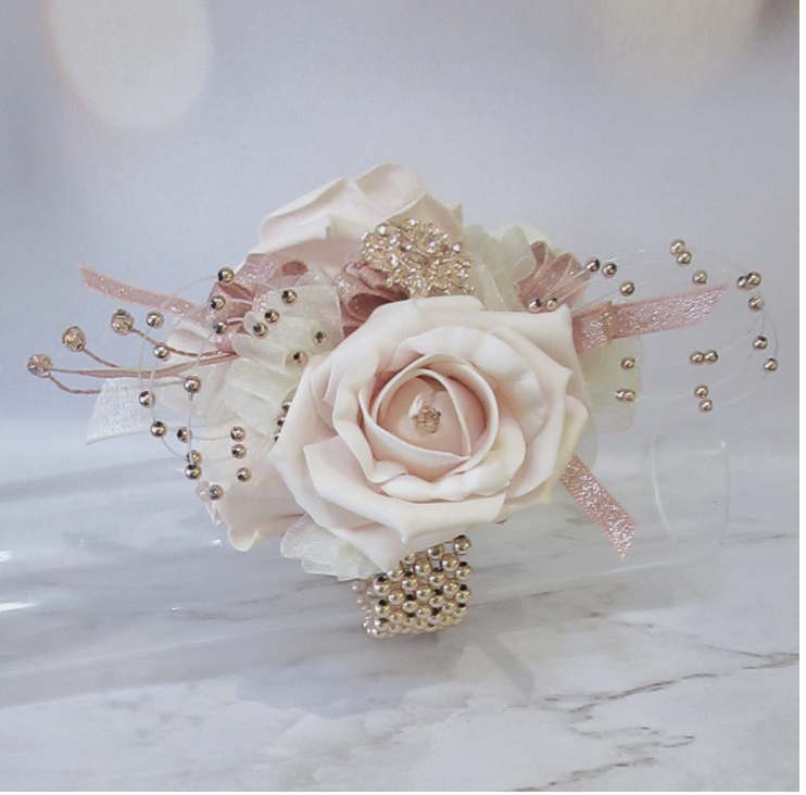 Blush & rose gold wrist corsage, rose gold prom corsage